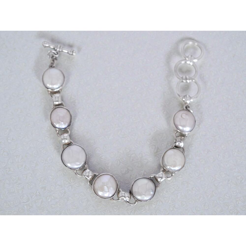 Starborn Creations Coin Pearl Tennis Bracelet Sterling Silver Vintage 7-8" 29g